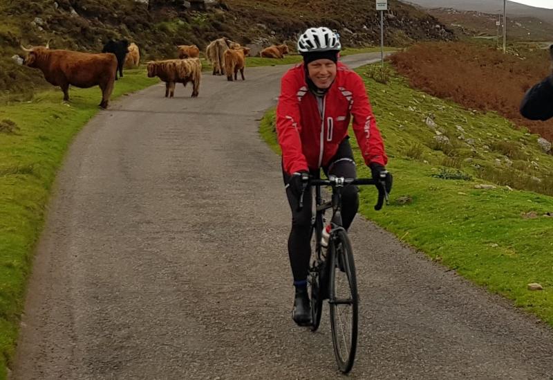 man cycling in mountains with Highland cattle behind him