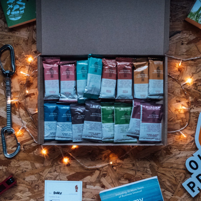Outdoor Provisions gift pack with lots of nutritious bars and nut butters