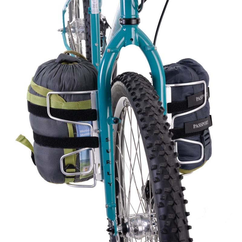 Passport Lug-kage Fork Rack attached to the front forks of a mountain bike