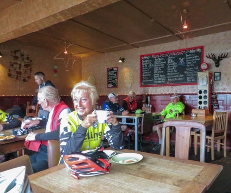 A rider from Chester and North Wales enjoying a coffee  Photo by Paul Mills, Chester and N. Wales CTC