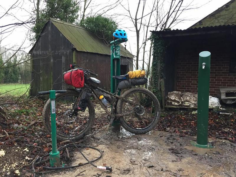 A mountain bike at the tool station on the South Downs Way