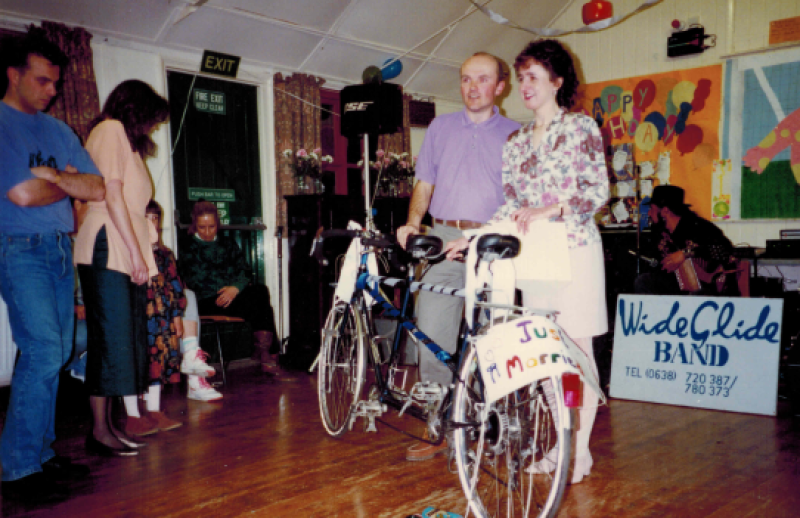 Sue and Neil with their tandem bike, a wedding present from Cambridge CTC