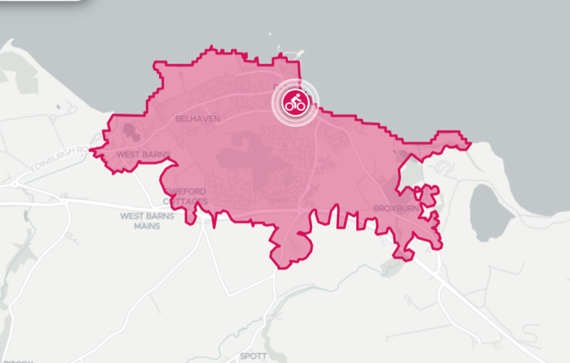 Map showing Dunbar highlighting area you can cycle to within ten minutes