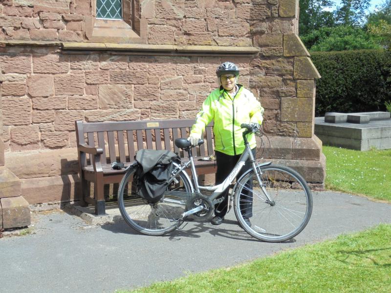 Sylvia with her bike ‘Eti’ at Capenhurst Church, Cheshire