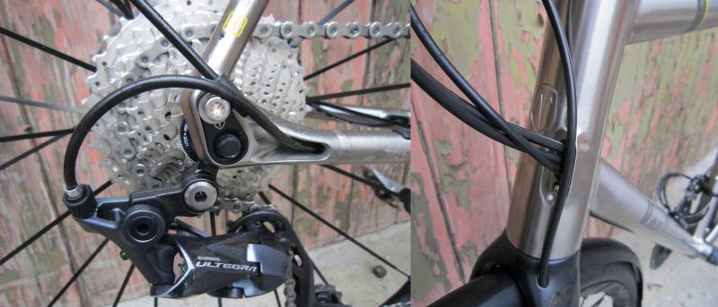 Left: Tidy and well made forged thru-axle dropouts, with mudguard/rack mounts. Right: The entry port for the brake hose and gear cables is on the head tube. There’s an access plate under the bottom bracket for ease of installation