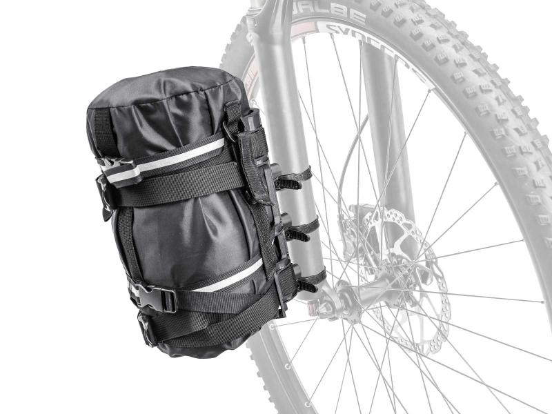 Topeak Versacage shown attached to a front fork and with a waterproof bag