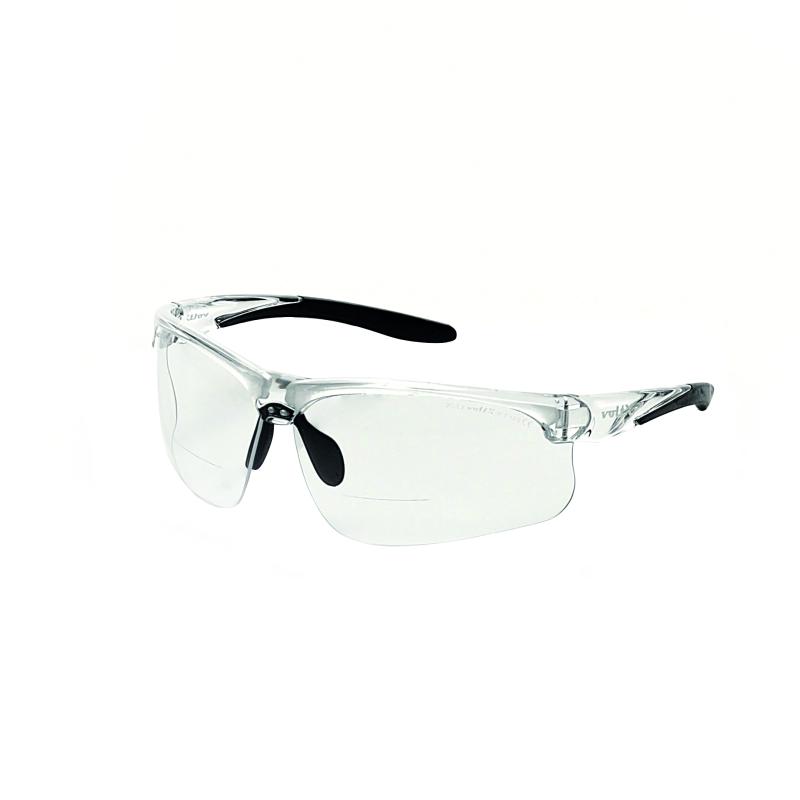 A pair of cycling sunglasses with clear plastic half frame and clear lenses
