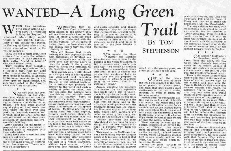 Thomas Stephenson's article, 'Wanted: A Long Green Trail'