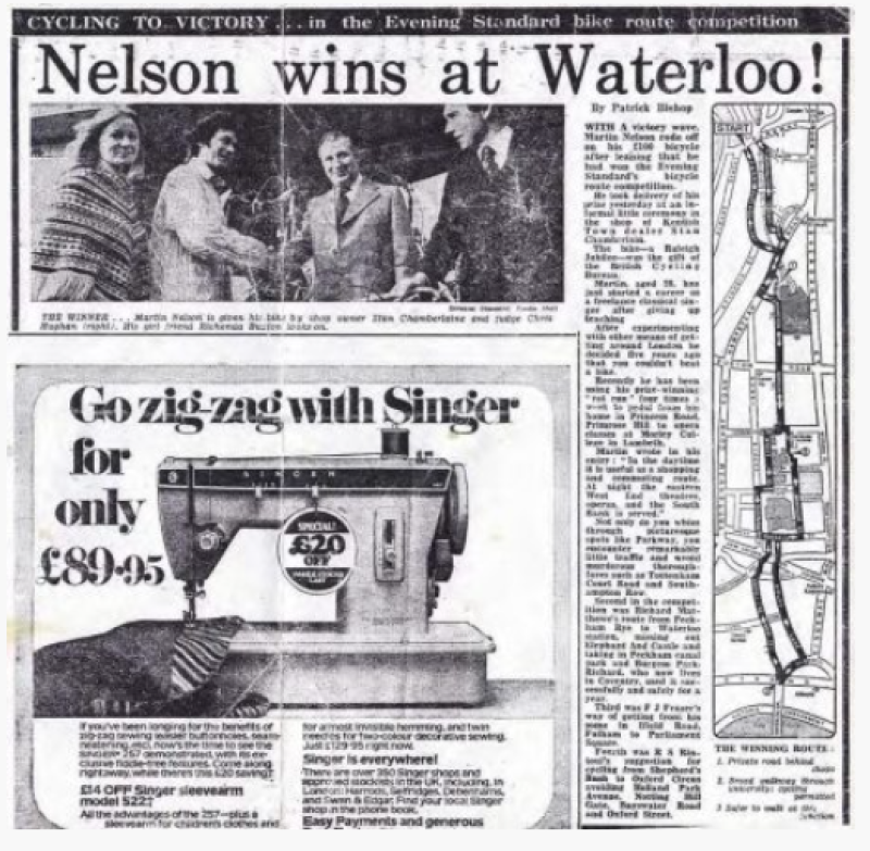 A newspaper cutting from the 1970s with the headline 'Nelson wins at Waterloo'.