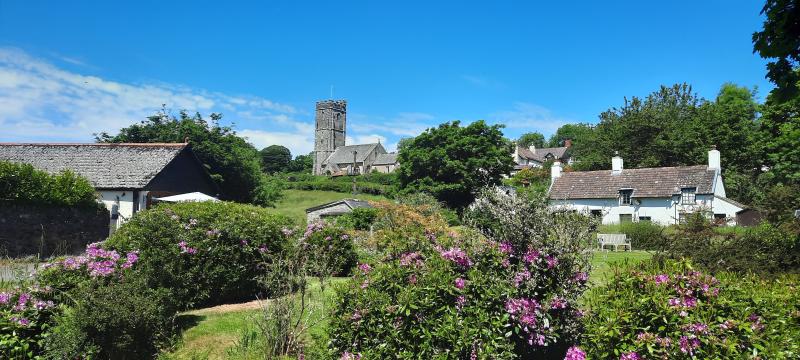 A white cottage sits beneath a church on a hill, flowers are in the foreground