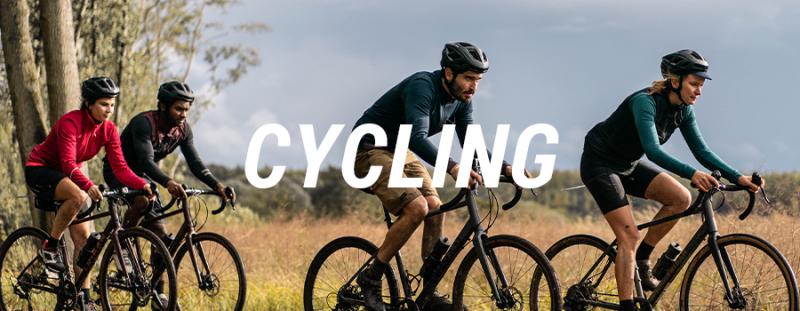 Group of male identifying people cycling with the word Cycling overlaying the image