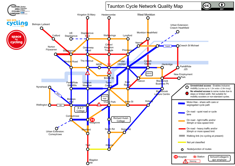 An illustration of a Tube map style map of the cycling network in Taunton