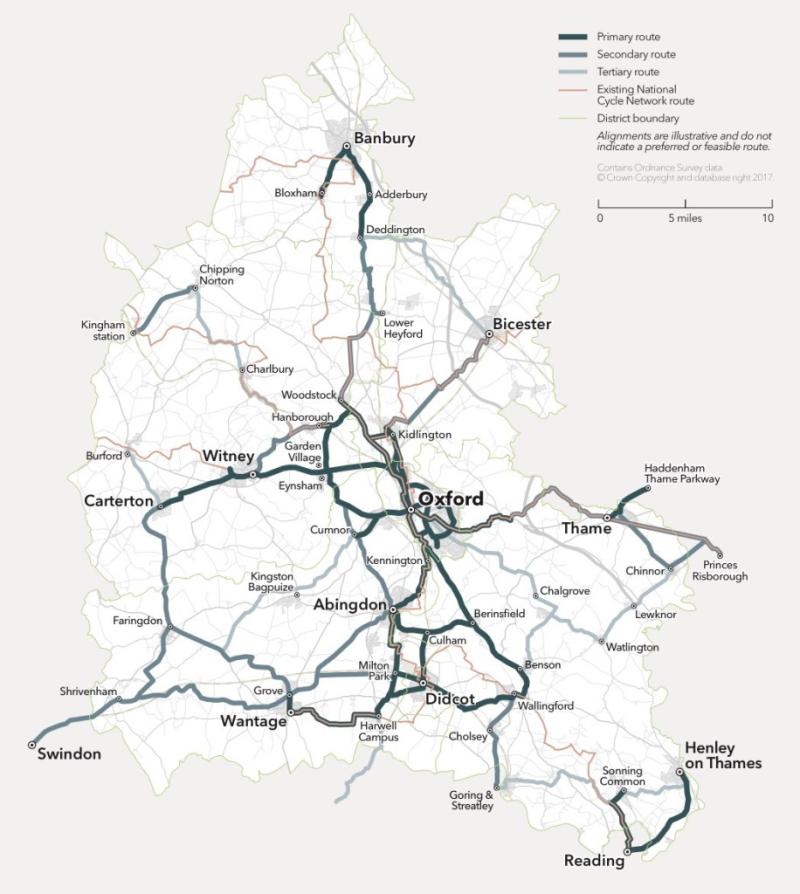 An illustration of a Tube map style map of the cycling network in Oxfordshire