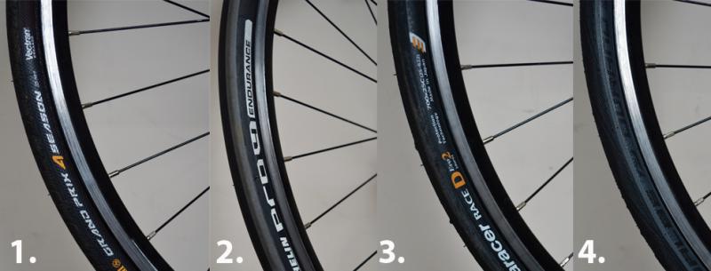 A composite image showing cross sections of each tyre on test