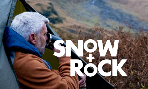 Snow & Rock logo with person camping