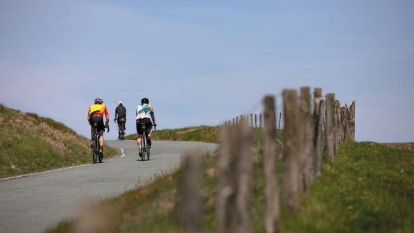Three people in cycling kit are riding road bikes up a hill on a tarmac road next to fields with a wooden fence running alongside