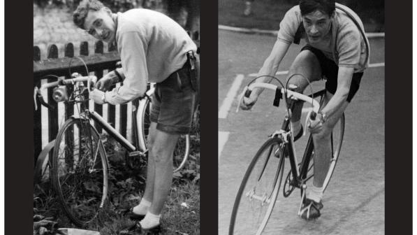 A black and white composite image of a young man adjusting the brakes on his bike which is leaned against a wooden fence (left) and him riding the bike (right)