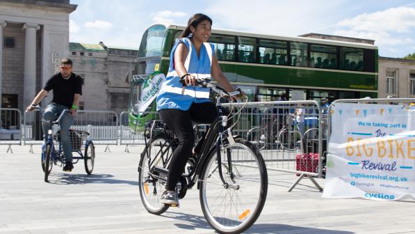 Cyclists try out bikes at a Big Bike Revival event in Southampton