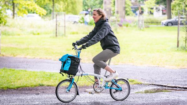 Cycling UK chief executive Sarah Mitchell on a Brompton cycle
