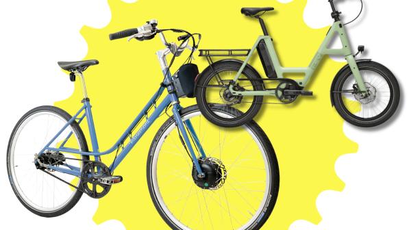 The ARCC Rosemont Electric, a blue electric Dutch-style bike with front hub motor with the i:SY Skyfly E5 ZR F, a compact green bike with rear motor, inset and with a drop shadow, all laid over a yellow cog design