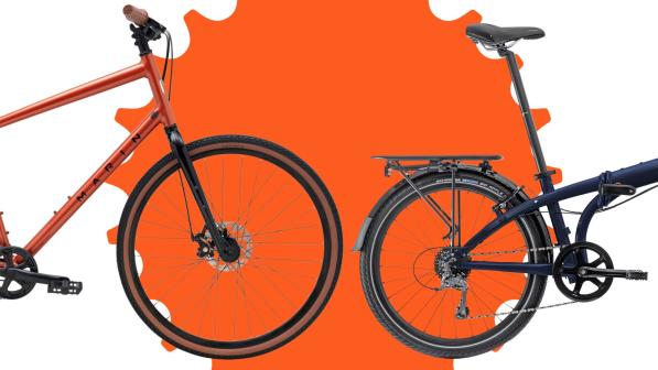 The front of the orange Marin Kentfield 1 and the back of the black Tern Node D8 are laid over an orange cog design