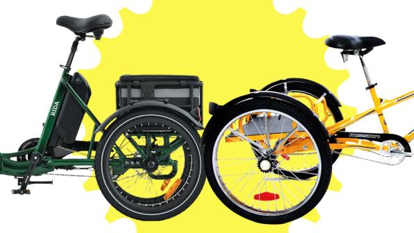 Composite image showing the back half of the Jorvik Rida and Mission Cycles Industrial Cargo Trike, laid over a yellow cog design