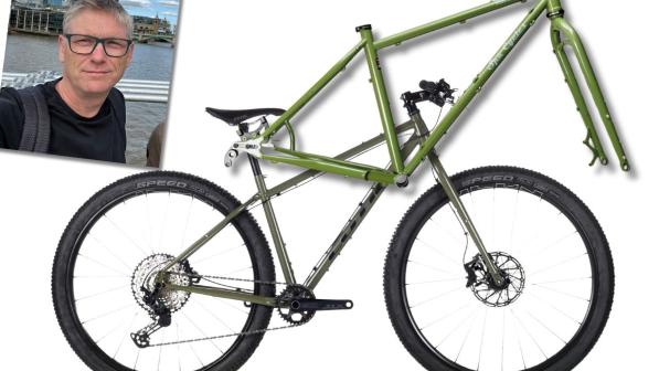 A composite image of a snapshot of a man in glasses on a boat, a flat-bar gravel bike and a green bike frame