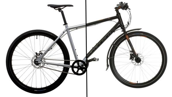 A composite image of two halves of bikes. The back of the silver Vitus Mach 1 One City Bike SS and front of the black Carrera Subway All-Weather Edition