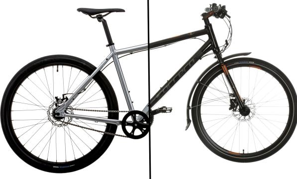 A composite image of two halves of bikes. The back of the silver Vitus Mach 1 One City Bike SS and front of the black Carrera Subway All-Weather Edition