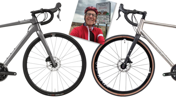 A composite image of the front of two road bikes facing each other, a grey one on the left and a silver one on the right. In the middle is a snapshot of a man wearing a red cycle helmet and red cycling jacket