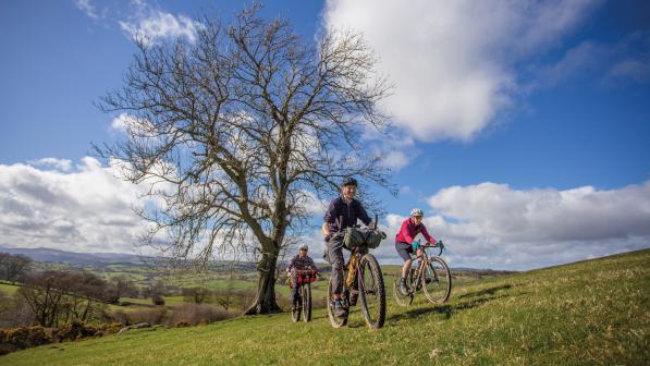 Three men are riding up a slope in the sunshine. Two are on loaded mountain bikes, the other is on a gravel bike