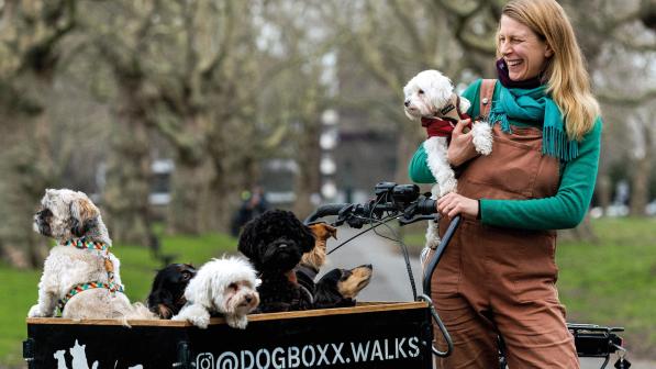 A woman is standing next to a black e-cargo trike with the name of her business stamped on it: Dogboxx Walks. She's wearing orange dungarees, a green top and boots. She's holding a fluffy white dog and there are another six dogs in the cargo box