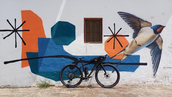 A loaded gravel bike is leaning against a whitewashed wall with a swallow mural on it