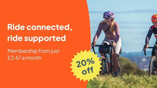 Two people riding gravel bikes. The text reads 'ride connected, ride supported - 20% off membership'