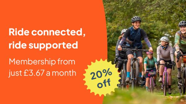 A group of people cycling along a gravel trail. The text reads 'ride connected, ride supported - membership from £3.67 a month. 20% off'