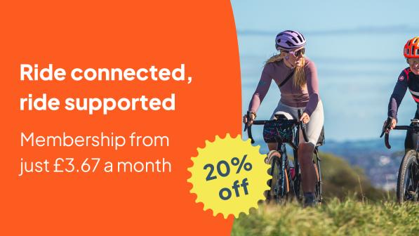 Two people riding bikes up a hill in the sunshine. The text reads 'ride connected, ride supported - membership from just £3.67 a month. 20% off'