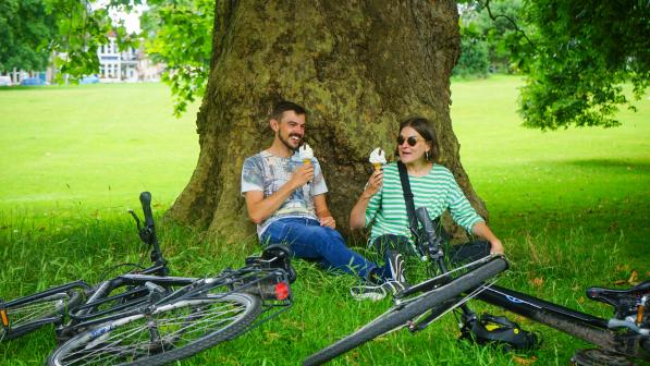 Two people are sitting down leaning against a tree in a park. They're both holding ice creams and there are two bikes on the ground in front of them