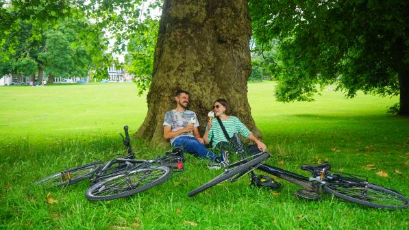 Two people sat by a tree eating ice cream, their bikes laid on the grass in front of them
