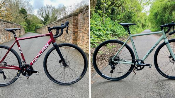A composite image showing the Dolan Dolan RDX 12S 105 R7120, a red road bike, and the Kinesis R1, a turquoise road bike