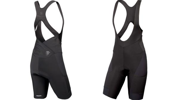 A black bib short against a white background, showing front and rear views