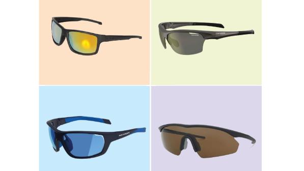 A composite shot of the four sunglasses on test. 1 has a black frame with yellow lenses and is on a pale orange background. 2 has a black frame and lenses and is on a pale green background. 3 has a black and blue frame and blue lenses and is on a pale blue background. 4 has a black frame with brown lenses and is on a pale purple background
