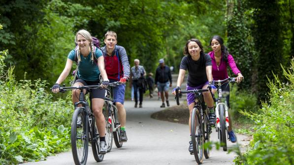 Four people cycling along a smooth wide path through trees, with people walking in the background