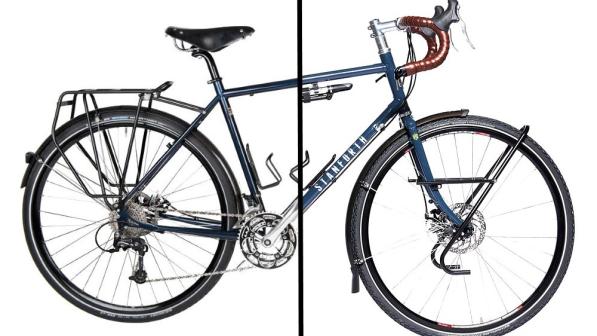 A composite image showing the back of the Spa Cycles Wayfarer 9SPD Cable Disc and front of the  Stanforth Skyelander Disc touring bikes recommended
