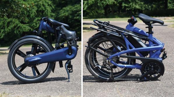 A composite image of two e-folding bikes. Both are folded up. They are blue. The Gocycle G4 is on the left, the Tern Vektron on the right.