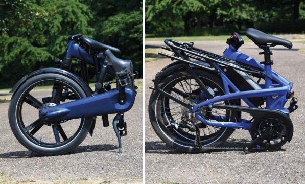 A composite image of two e-folding bikes. Both are folded up. They are blue. The Gocycle G4 is on the left, the Tern Vektron on the right.