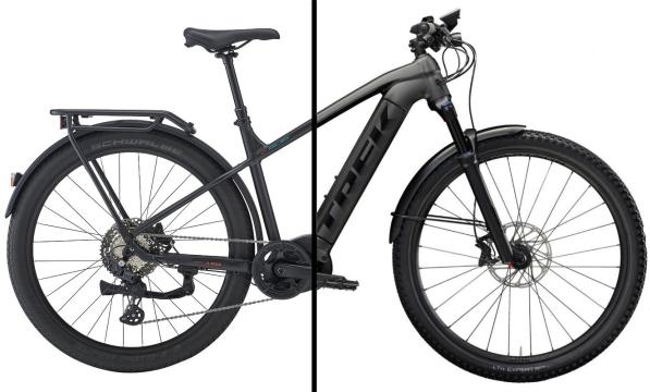 A composite image of two e-bikes, with the back half of the Whyte and the front half of  the Trek. Both are black.