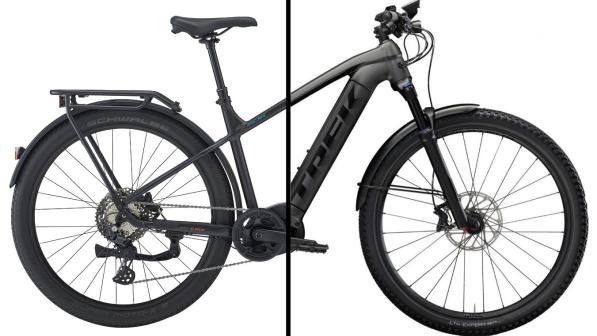 A composite image of two e-bikes, with the back half of the Whyte and the front half of  the Trek. Both are black.