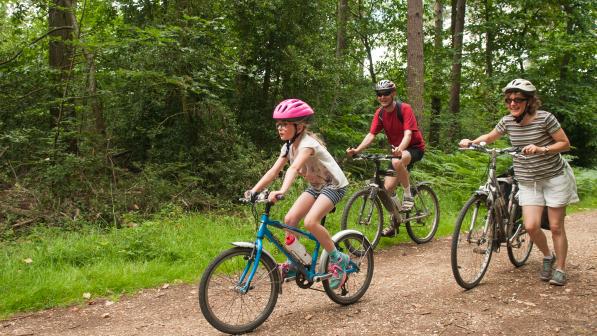 A child and two adults are cycling on a gravel path in a forest. The child is at the front on a blue mountain bike. A man in a red T-shirt is on a mountain bike and smiling. A woman is pushing a loaded hybrid and smiling. They are all wearing summer clothes and cycling helmets