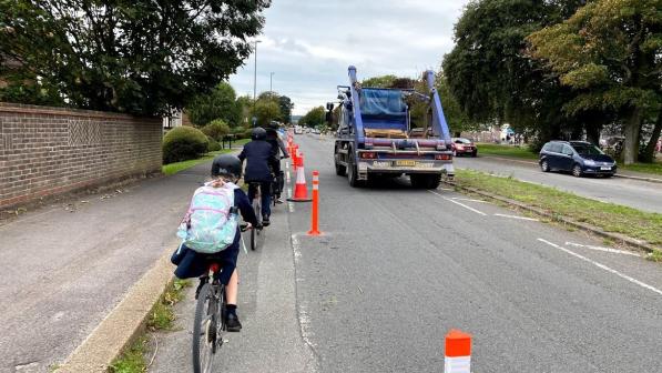 Cyclists in the temporary lane on Upper Shoreham Road