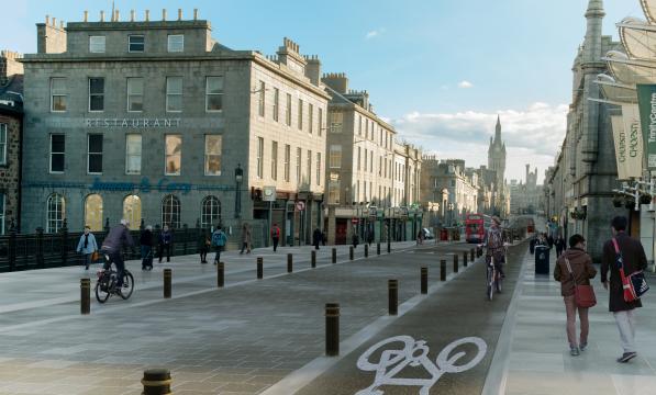 Cycling UK's visualisation of a more cycle friendly Union St, Aberdeen